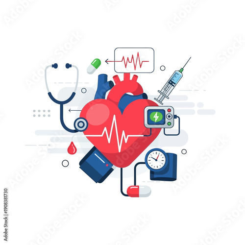 Cardiology Concept: Heart, Stethoscope, ECG, Syringe, Blood Pressure Monitor, Pills