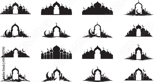 Islamic architecture silhouettes with crescent moon and mosque domes
