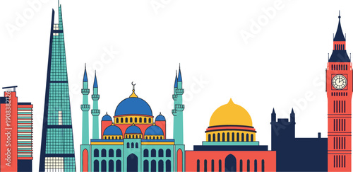 Modern world city skyline vector featuring famous landmarks like Big Ben clock tower and islamic mosque in flat style