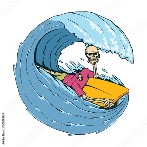 Skeleton surfing on a yellow board in a large blue wave with a pink wetsuit