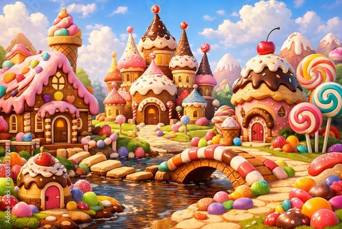 Charming illustration of a gingerbread village with icing roofs, candy paths, and a sugary river, ideal for festive branding, children?s stories, and holiday greeting designs.