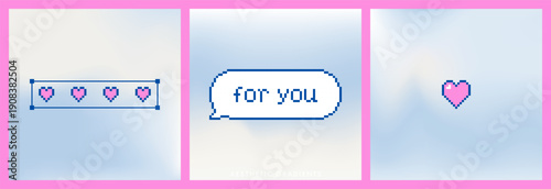 Collection of 3 square romantic cloud backgrounds with subtle cloud flow, retro 8 bit pink pixel hearts, speech bubble. Light airy backdrops for social media templates, love messages, Valentine cards