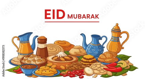 Celebratory Eid Mubarak feast with traditional food and drinks on a colorful table arrangement