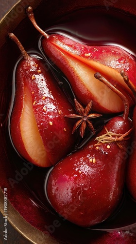 Wallpaper Mural Ruby poached pears with visible seeds and stems resting in spiced red wine with star anise in rustic metal bowl, closeup on dark background, elegant festive dessert concept Torontodigital.ca
