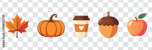 Cute Autumn Fall Elements Vector Set Cozy Harvest Collection with Pumpkin, Leaf, Coffee, Acorn, Apple