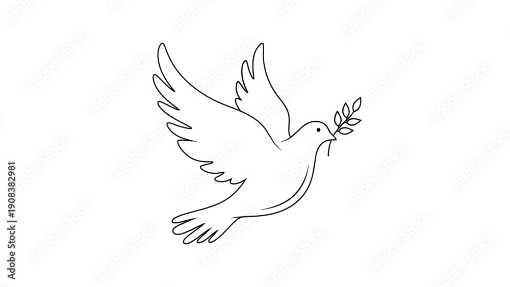 Obraz premium Minimalist black line drawing of a flying white dove carrying an olive branch in its beak as a universal symbol of peace and reconciliation for all.