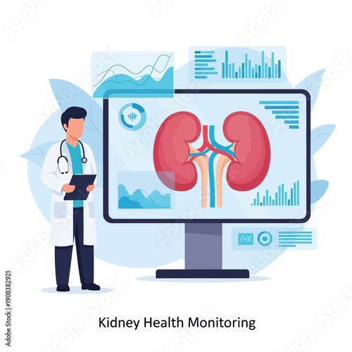 Doctor monitoring kidney health on screen with charts and graphs, medical analysis concept