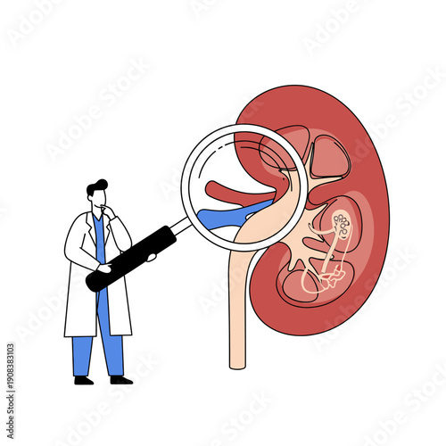 Doctor examining kidney with magnifying glass, medical research and diagnosis concept