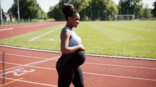 Pregnant Black woman walking on a running track. Prenatal fitness and healthy pregnancy lifestyle. Active mother-to-be exercising outdoors