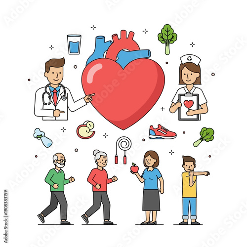 Healthy Heart and Lifestyle: Doctors, Seniors, Adults, Children, Exercise, Nutrition