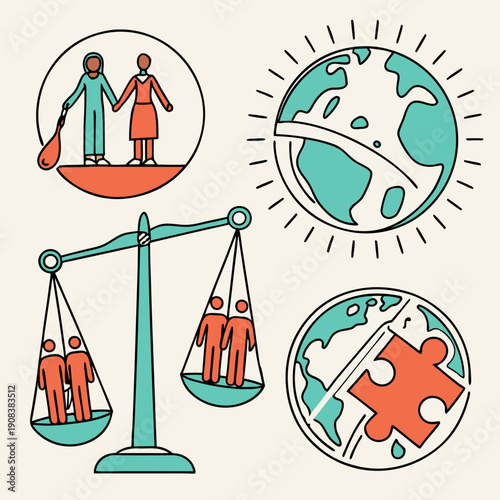 gender equality, community teamwork, diversity and collaboration Icon set, inclusion, partnership, human connection, justice, and unity for social issues, human rights, equality, gender roles, teamwor