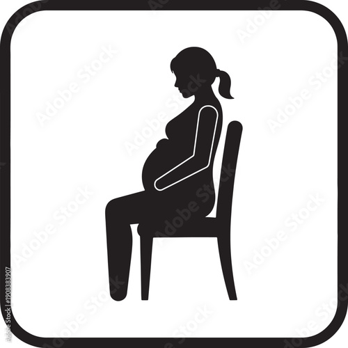 Black silhouette of a pregnant woman sitting on a chair with a ponytail also transparent background