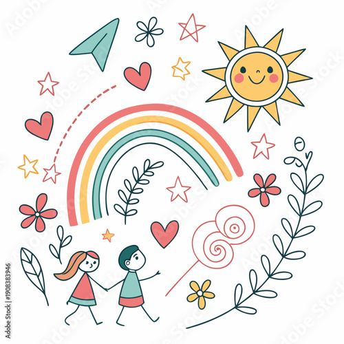 Kids line doodle scribble vector features scribble, stars, arrows, flowers, hearts, waves, spirals, rainbow, sun. Perfect for design, illustration, decoration, creativity, fun