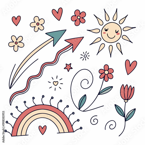 Kids line doodle scribble vector features scribble, stars, arrows, flowers, hearts, waves, spirals, rainbow, sun. Perfect for design, illustration, decoration, creativity, fun