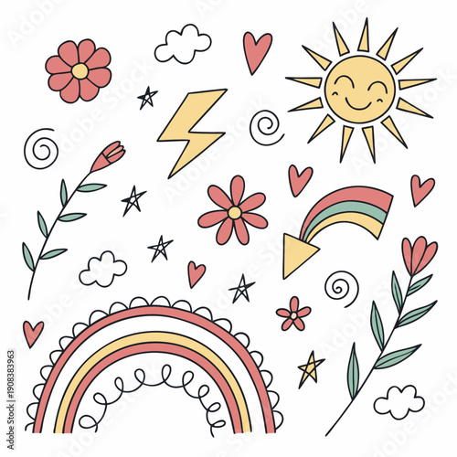 Kids line doodle scribble vector features scribble, stars, arrows, flowers, hearts, waves, spirals, rainbow, sun. Perfect for design, illustration, decoration, creativity, fun