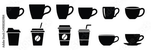 Coffee cup icon vector set, tea cup illustration sign collection with mocha and hot drink symbols, cafe and beverage elements, steam mug graphics, clean flat vector design.