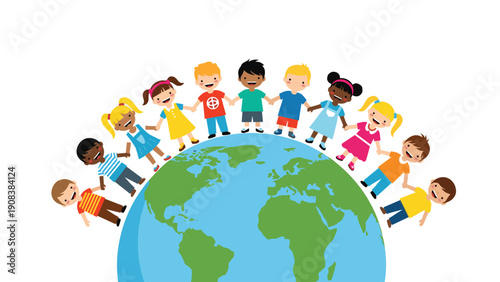 Group of happy diverse children from around the world holding hands and standing on top of planet earth to represent global peace and unity for kids.