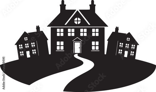 Black silhouette of three houses on hills with a winding white path leading to the central house also transparent background