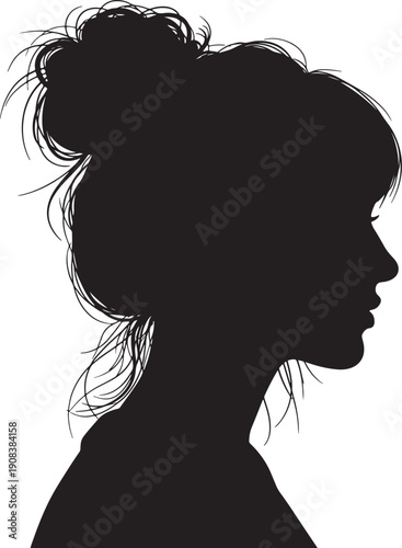 Black silhouette profile of a woman with messy bun hairstyle and wispy strands also transparent background