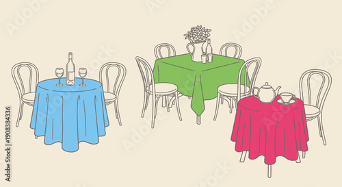 A colorful sketched illustration of dining tables and chairs set for a meal