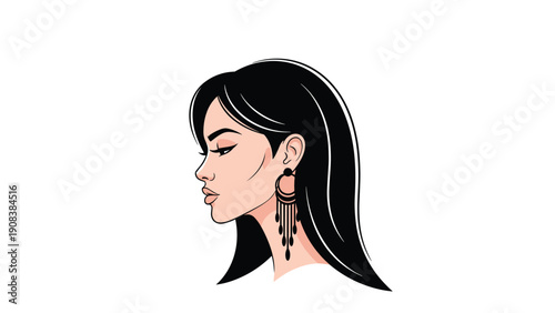 Side profile of a woman with long black hair and elegant dangling earrings shown in a clean minimalist illustration.
