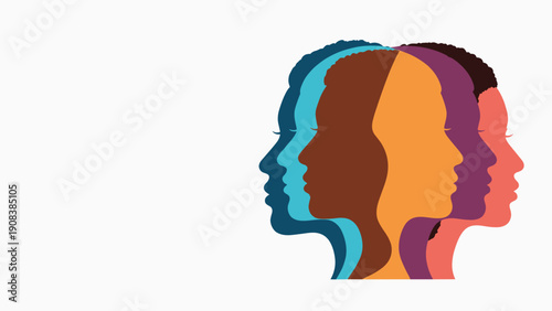Diverse women silhouettes in various skin tones and vibrant colors representing unity, femininity, and multicultural inclusion in a modern society.