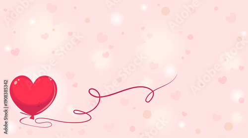 Delicate horizontal banner with red heart-shaped balloon, symbol of passionate love and tenderness. Pink vector background with copy space for Valentine's Day. Hearts, butterflies, and circles of vary