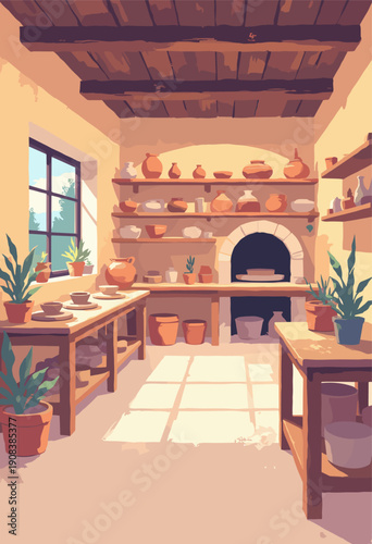 Pottery Studio interior Clay wheels lined up, shelves drying bowls, kiln corner Creative