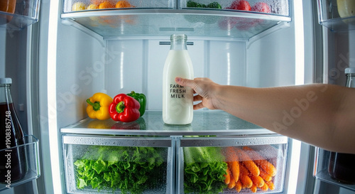 Close-up of a Hand Grabbing a Bottle of Farm Fresh Milk from a Bright, Organized Modern Refrigerator Full of Colorful Healthy P...