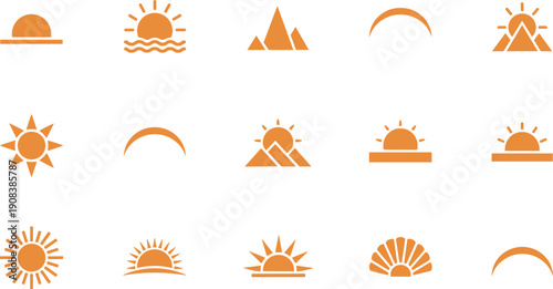Sunrise sunset mountain and sun icons set orange flat weather symbols vector illustration collection design elements