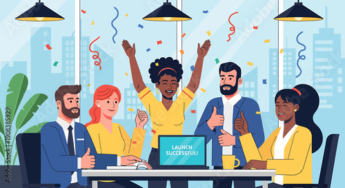 Diverse professionals in a modern office celebrate a great team success, with confetti falling, symbolizing achievement, collaboration, and joyful accomplishment
