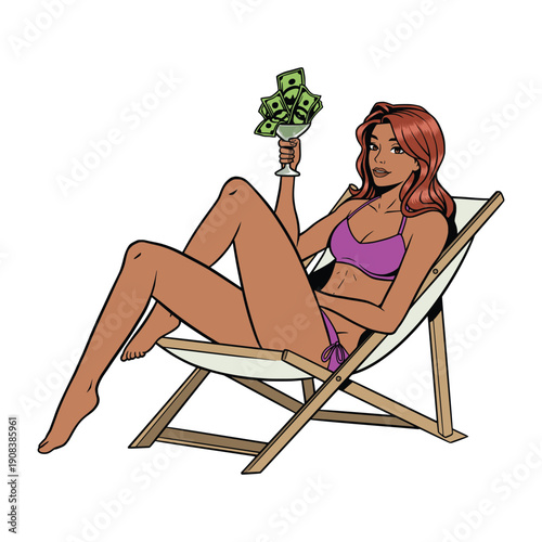 Woman Relaxing on Beach Chair Holding Money Illustration
