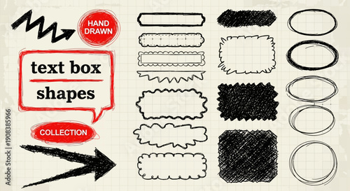 Hand drawn doodle shapes and text boxes collection on lined paper background
