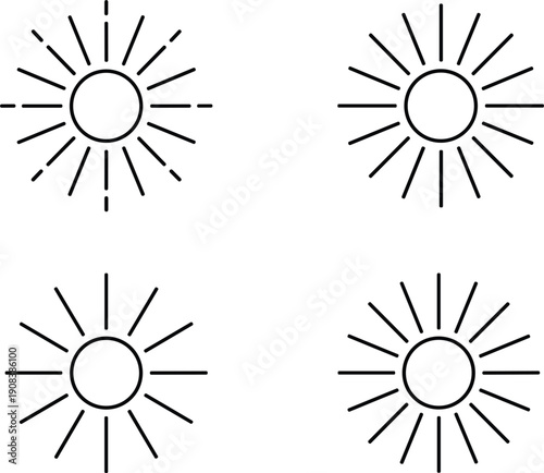 Sunshine sunburst icons set radiant summer sunlight symbols outline vector illustration collection design elements bright weather