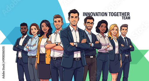 Diverse and united business team standing together, ready for success and collaboration, embodying innovation and professional achievement in a modern corporate setting