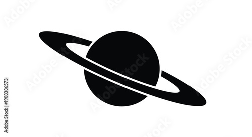 A black silhouette of saturn with prominent rings against white background