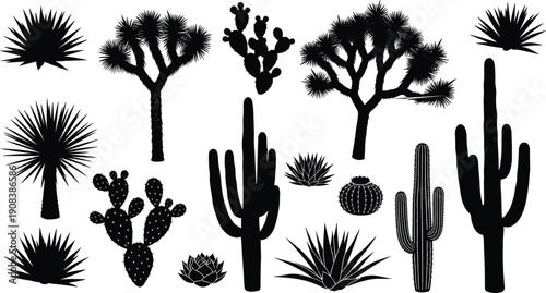Cactus, succulent, silhouette, desert, plant, nature, agave, saguaro, yucca, prickly, pear, icon, set, black, isolated, vector, flora, dry, arid, western, landscape, botanical, garden, wild,