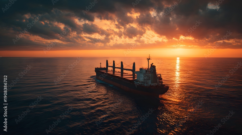 Fototapeta premium Cargo Ship Sailing on Calm Ocean During Dramatic Sunset.