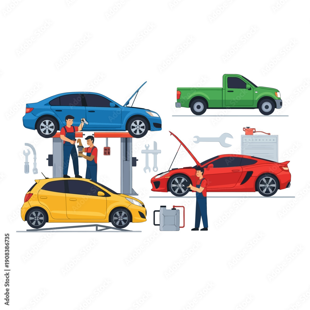 Naklejka premium Car Repair Service: Mechanics Fixing Vehicles on Lift & Ground
