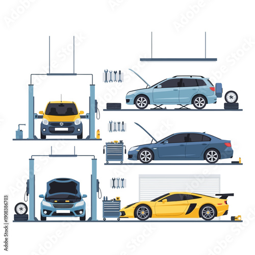 Car Repair Garage Service: Vehicles on Lifts, Tools, Diagnostic Equipment