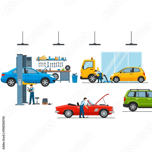 Car Repair Workshop Scene with Mechanics, Lift, and Various Vehicles