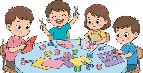 Happy Kids Doing Paper Crafts Illustration, Cute Children Learning Art And Creativity In Classroom Cartoon Vector Design