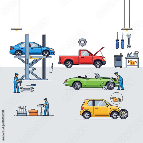 Automobile Repair Shop Scene with Mechanics Servicing Various Cars