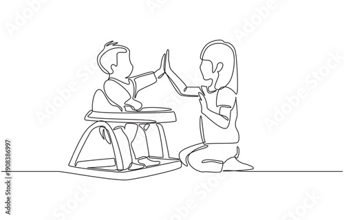 Continuous one line drawing of older sister and her sibling in baby walker sharing high five gesture, capturing bonding, encouragement, and childhood interaction, single line art.