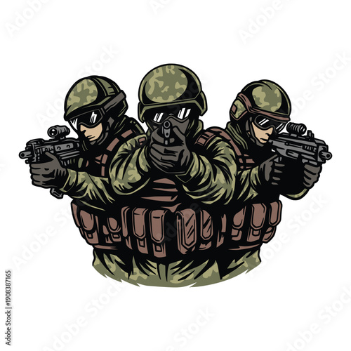 Three soldiers in tactical gear aiming guns in a defensive stance, illustrated in a vector graphic style