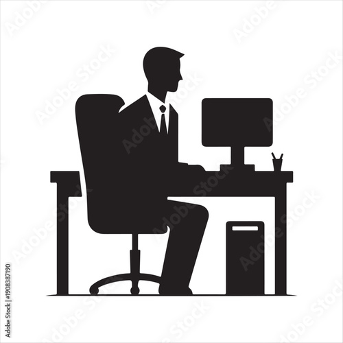Office desk worker vector silhouette line art logo design concept illustration