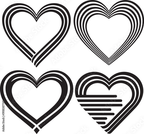 Collection of various black heart icons on white background