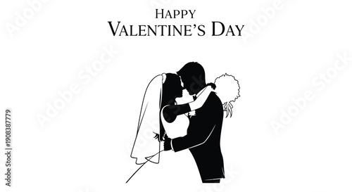 A black and white illustration depicts a couple embracing with the text happy valentine s day above high quality