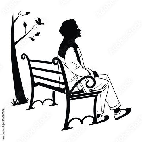 Silhouette of Person Sitting on Bench in Park, Calm Resting Pose in Outdoor Environment
