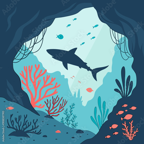 Underwater cave with silhouette of shark, coral reef and fishes. Vector illustration with marine life. Seascape image